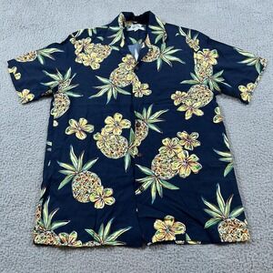 Two Palms‎ Hawaiian Shirt Mens XS Navy Pineapple Floral Aloha Rayon Made Hawaii